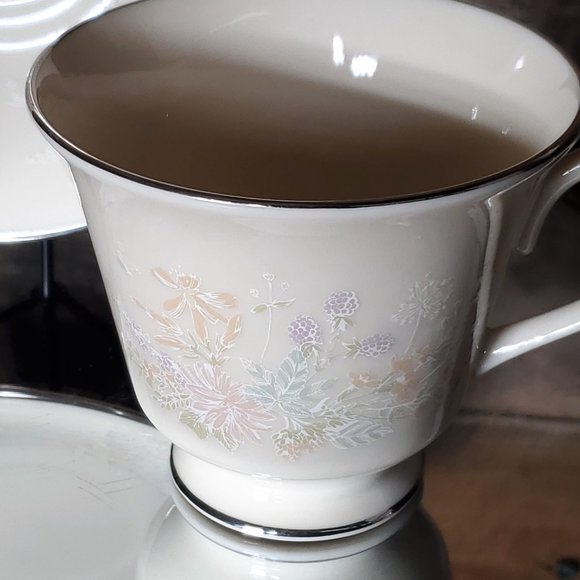 Lenox April Footed Cup & Saucer - 1980's Pastel Flowers with Platinum Rim - Picture 6 of 8